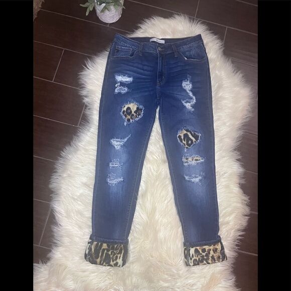 Kancan leopard patched distressed cuffed ankle denim sz 28 - Picture 2 of 10